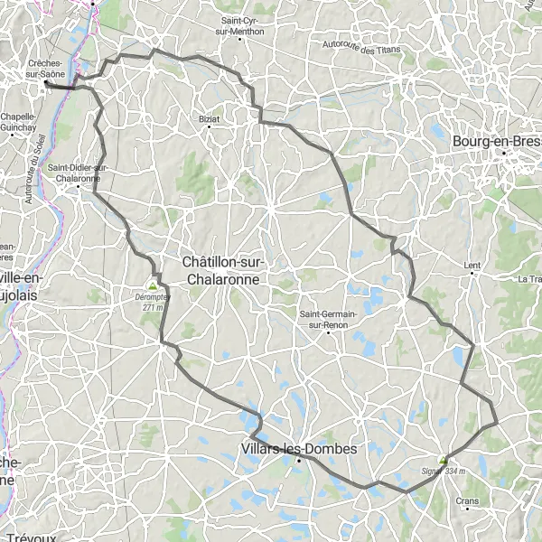 Miniature de la carte de l'inspiration cycliste "La Grande Traversée Road Challenge" dans la Bourgogne, France. Générée par le planificateur d'itinéraire cycliste Tarmacs.app