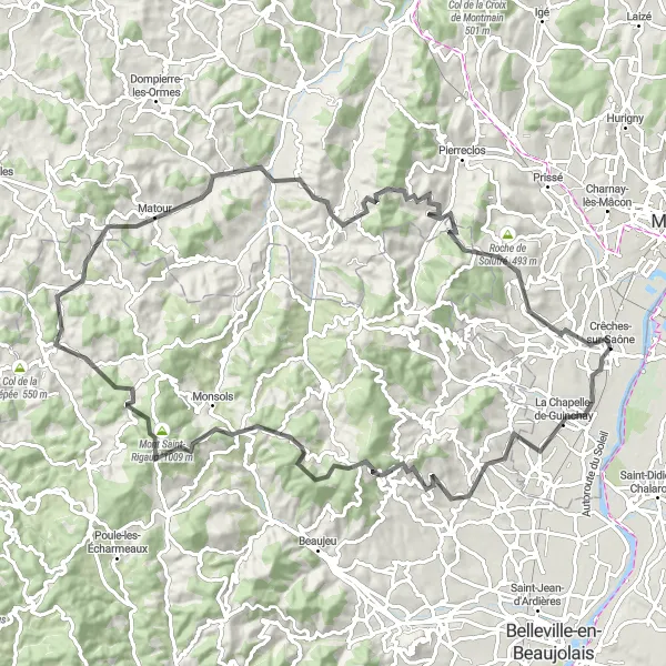 Miniature de la carte de l'inspiration cycliste "Epic Road Cycling Journey to Chânes" dans la Bourgogne, France. Générée par le planificateur d'itinéraire cycliste Tarmacs.app