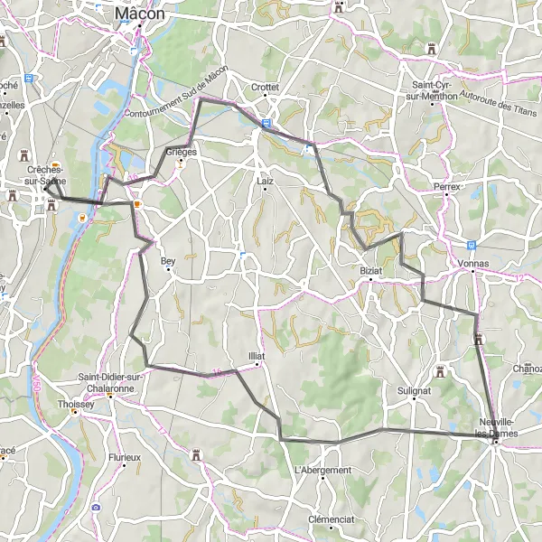 Miniature de la carte de l'inspiration cycliste "La Route des Châteaux et Vergers" dans la Bourgogne, France. Générée par le planificateur d'itinéraire cycliste Tarmacs.app