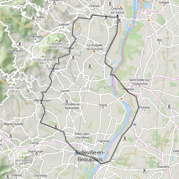 Miniature de la carte de l'inspiration cycliste "Bourgogne Loop via Saint-Amour-Bellevue" dans la Bourgogne, France. Générée par le planificateur d'itinéraire cycliste Tarmacs.app