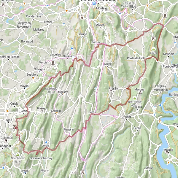 Map miniature of "Gravel Adventure to Chevreaux and Bornay" cycling inspiration in Bourgogne, France. Generated by Tarmacs.app cycling route planner