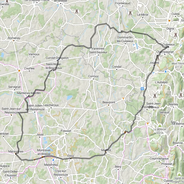 Map miniature of "Cuiseaux - Joudes - Étrez - Marsonnas - Saint-Nizier-le-Bouchoux" cycling inspiration in Bourgogne, France. Generated by Tarmacs.app cycling route planner