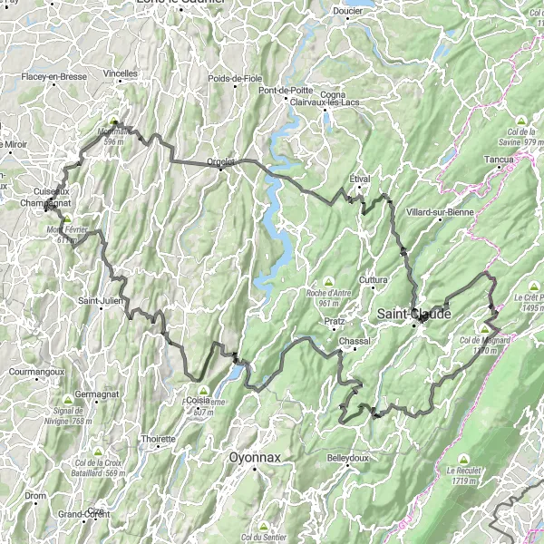Miniature de la carte de l'inspiration cycliste "Route des Montagnes Jurassiennes" dans la Bourgogne, France. Générée par le planificateur d'itinéraire cycliste Tarmacs.app