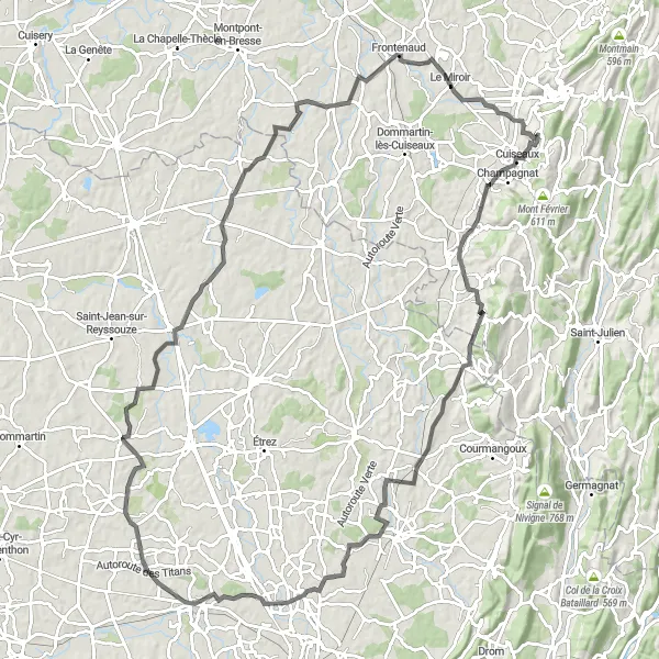 Map miniature of "Cuiseaux - Chevreaux - Saint-Jean-d'Étreux - Villemotier - Viriat - Curtafond - Marsonnas - Curciat-Dongalon - Frontenaud - Digna" cycling inspiration in Bourgogne, France. Generated by Tarmacs.app cycling route planner