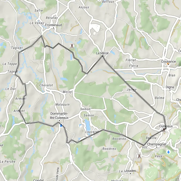 Miniature de la carte de l'inspiration cycliste "Parcours pittoresque autour de Cuiseaux" dans la Bourgogne, France. Générée par le planificateur d'itinéraire cycliste Tarmacs.app