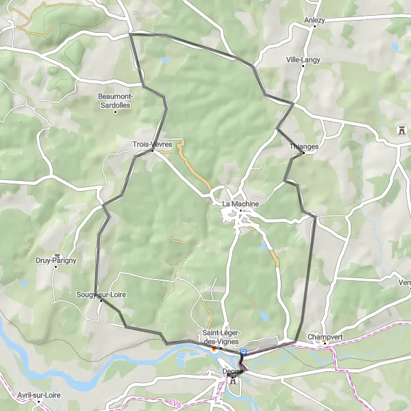 Miniature de la carte de l'inspiration cycliste "Route des Comtes de Nevers" dans la Bourgogne, France. Générée par le planificateur d'itinéraire cycliste Tarmacs.app