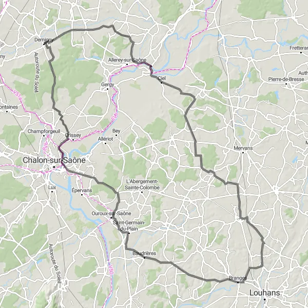 Miniature de la carte de l'inspiration cycliste "La Vallée de la Dheune" dans la Bourgogne, France. Générée par le planificateur d'itinéraire cycliste Tarmacs.app