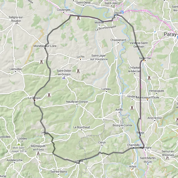 Miniature de la carte de l'inspiration cycliste "Boucle des Trois Rivières" dans la Bourgogne, France. Générée par le planificateur d'itinéraire cycliste Tarmacs.app