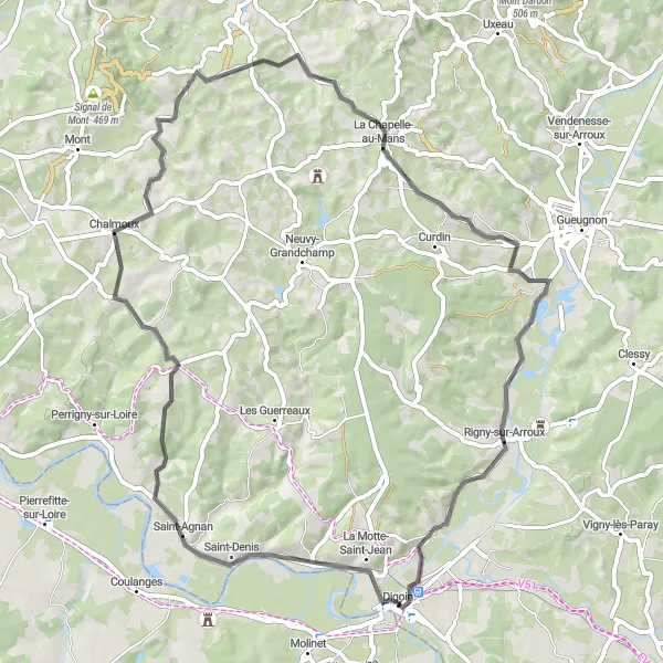 Map miniature of "Countryside Charm" cycling inspiration in Bourgogne, France. Generated by Tarmacs.app cycling route planner