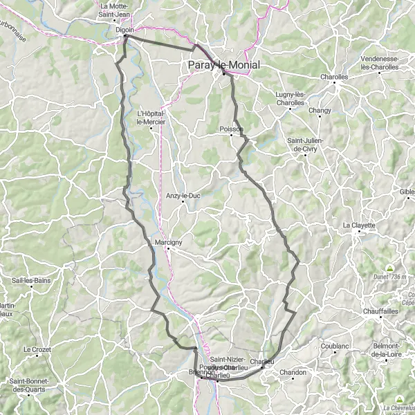 Map miniature of "Historical Journey" cycling inspiration in Bourgogne, France. Generated by Tarmacs.app cycling route planner