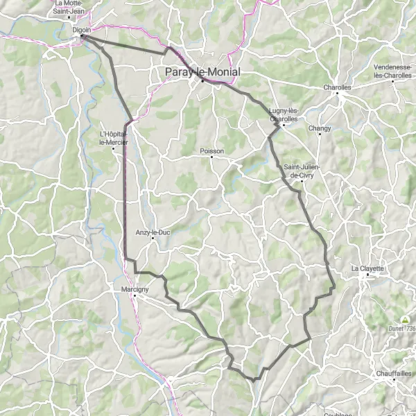Map miniature of "Journey through Brionnais Countryside" cycling inspiration in Bourgogne, France. Generated by Tarmacs.app cycling route planner
