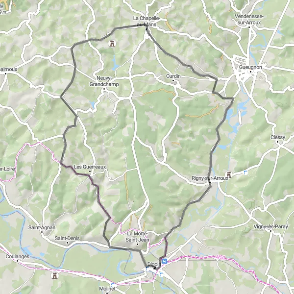 Map miniature of "The Arroux Valley Ride" cycling inspiration in Bourgogne, France. Generated by Tarmacs.app cycling route planner