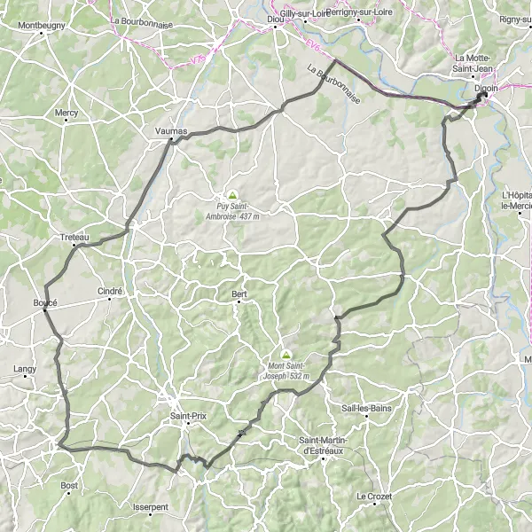 Map miniature of "Discovering the Charm of Vouzance Valley" cycling inspiration in Bourgogne, France. Generated by Tarmacs.app cycling route planner