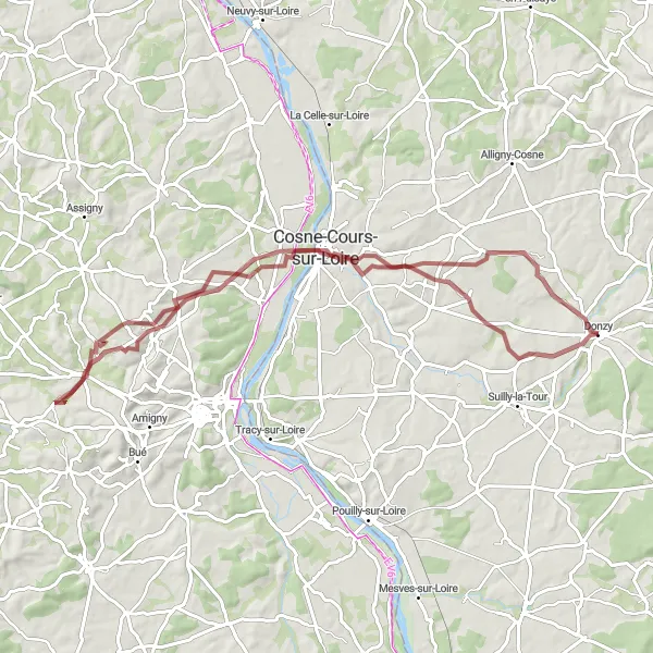 Map miniature of "Donzy and Surroundings Gravel Route" cycling inspiration in Bourgogne, France. Generated by Tarmacs.app cycling route planner