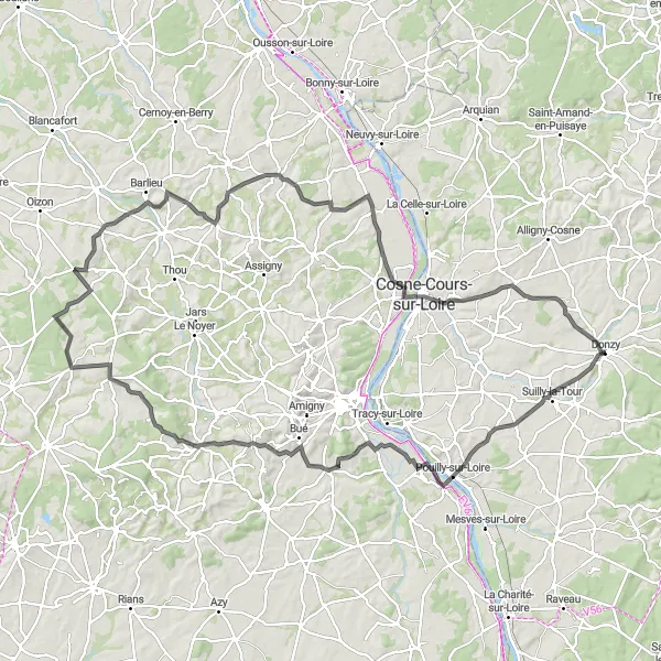Miniature de la carte de l'inspiration cycliste "Boucle de Pouilly-sur-Loire - Donzy" dans la Bourgogne, France. Générée par le planificateur d'itinéraire cycliste Tarmacs.app