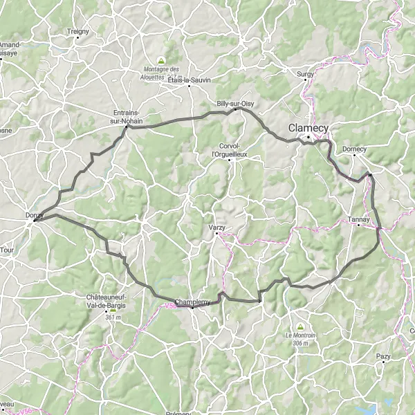 Map miniature of "Donzy to Taconnay Adventure" cycling inspiration in Bourgogne, France. Generated by Tarmacs.app cycling route planner