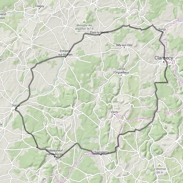 Map miniature of "Bourgogne Road Cycling Loop" cycling inspiration in Bourgogne, France. Generated by Tarmacs.app cycling route planner