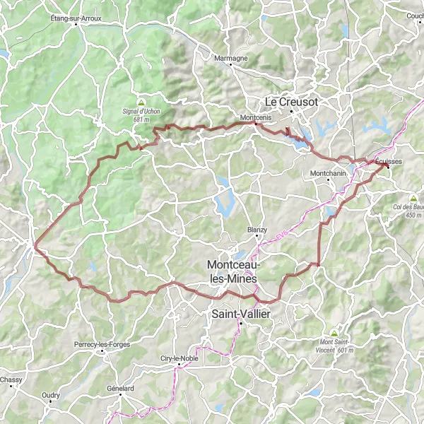 Miniature de la carte de l'inspiration cycliste "Boucle des Collines" dans la Bourgogne, France. Générée par le planificateur d'itinéraire cycliste Tarmacs.app