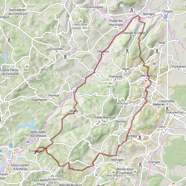 Miniature de la carte de l'inspiration cycliste "La boucle des Chaume de Givry" dans la Bourgogne, France. Générée par le planificateur d'itinéraire cycliste Tarmacs.app