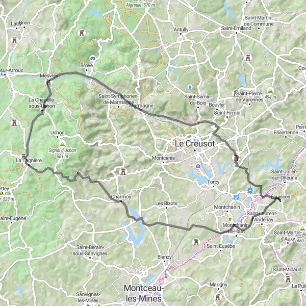 Map miniature of "Road Cycling Adventure" cycling inspiration in Bourgogne, France. Generated by Tarmacs.app cycling route planner