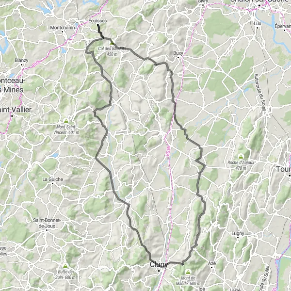 Map miniature of "Full-day road cycling loop with challenging climbs" cycling inspiration in Bourgogne, France. Generated by Tarmacs.app cycling route planner