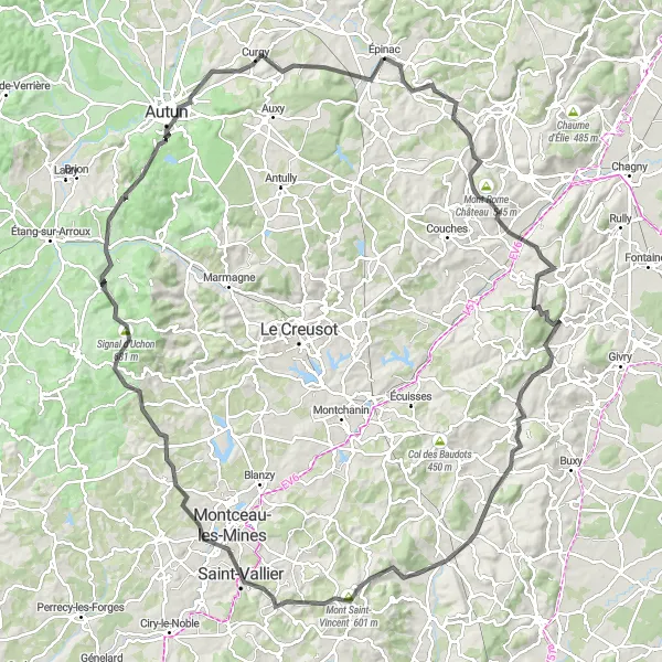 Miniature de la carte de l'inspiration cycliste "Boucle de Montagne et Châteaux" dans la Bourgogne, France. Générée par le planificateur d'itinéraire cycliste Tarmacs.app
