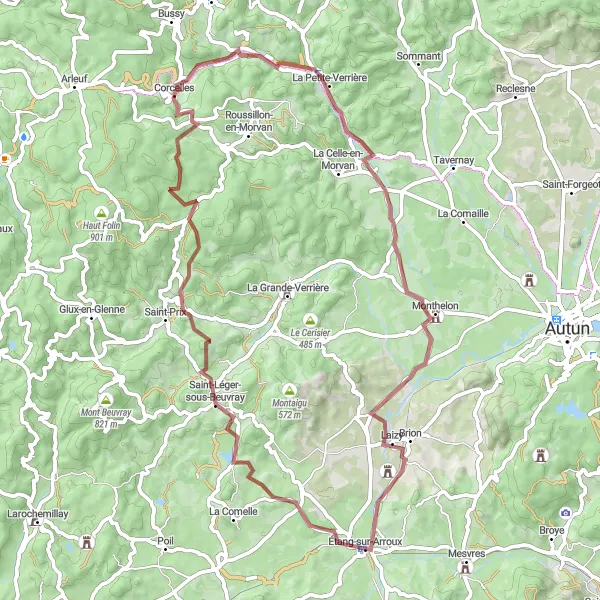 Map miniature of "Arroux Adventure" cycling inspiration in Bourgogne, France. Generated by Tarmacs.app cycling route planner