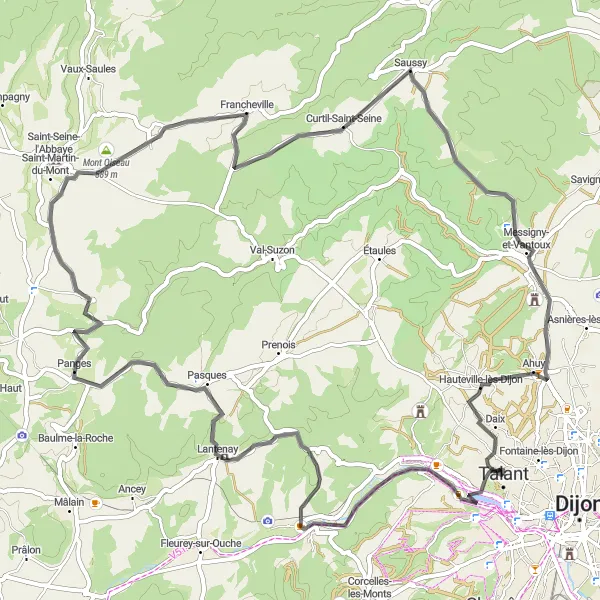 Miniature de la carte de l'inspiration cycliste "Le tour de 74 km avec vue sur Dijon" dans la Bourgogne, France. Générée par le planificateur d'itinéraire cycliste Tarmacs.app