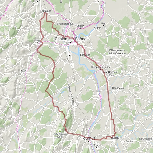 Map miniature of "The Gravel Adventure" cycling inspiration in Bourgogne, France. Generated by Tarmacs.app cycling route planner