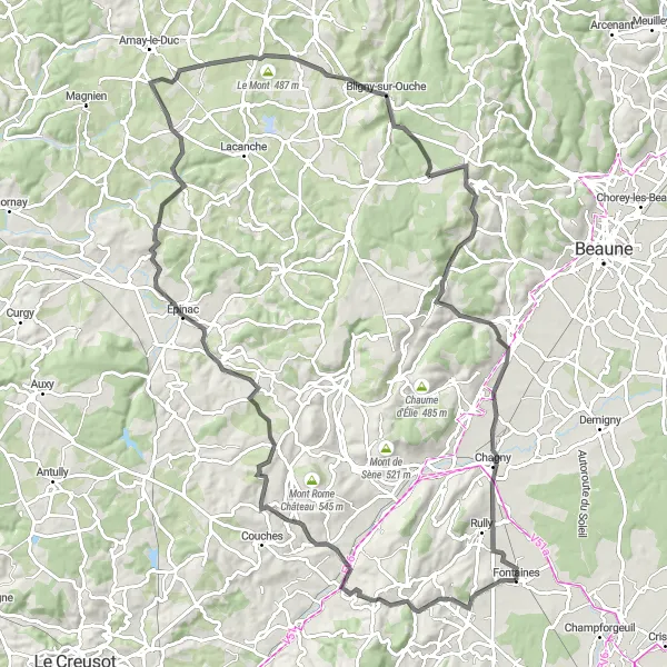 Map miniature of "The Hilly Adventure" cycling inspiration in Bourgogne, France. Generated by Tarmacs.app cycling route planner