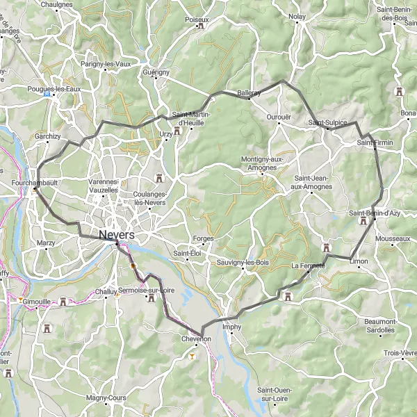 Miniature de la carte de l'inspiration cycliste "La Route des Châteaux en Bourgogne" dans la Bourgogne, France. Générée par le planificateur d'itinéraire cycliste Tarmacs.app