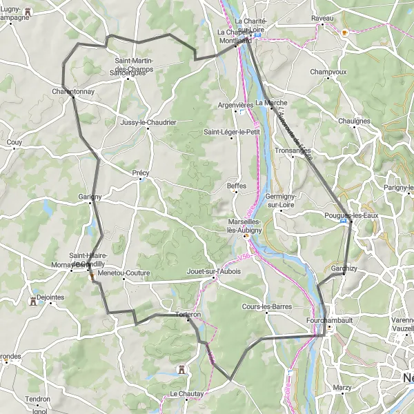 Miniature de la carte de l'inspiration cycliste "Les collines de Bourgogne en route" dans la Bourgogne, France. Générée par le planificateur d'itinéraire cycliste Tarmacs.app