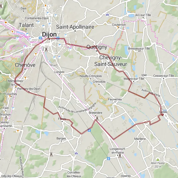 Map miniature of "Gravel ride from Genlis to Thorey-en-Plaine" cycling inspiration in Bourgogne, France. Generated by Tarmacs.app cycling route planner