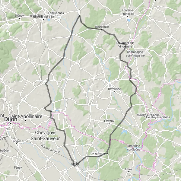 Map miniature of "The Challenging Loop" cycling inspiration in Bourgogne, France. Generated by Tarmacs.app cycling route planner