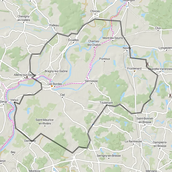 Map miniature of "Bourgogne Discovery" cycling inspiration in Bourgogne, France. Generated by Tarmacs.app cycling route planner