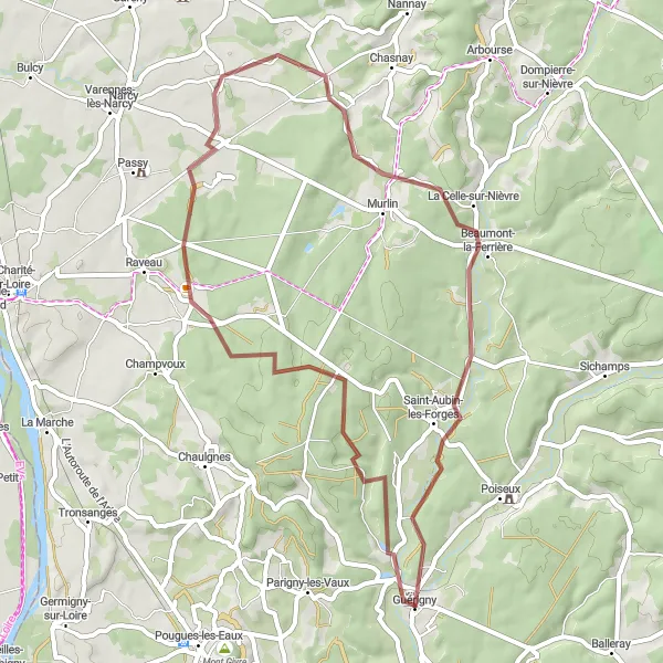 Miniature de la carte de l'inspiration cycliste "Itinéraire gravel à La Celle-sur-Nièvre" dans la Bourgogne, France. Générée par le planificateur d'itinéraire cycliste Tarmacs.app