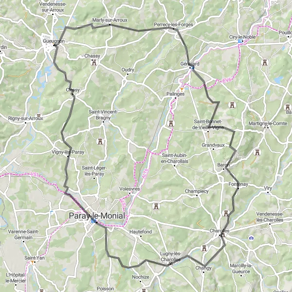 Miniature de la carte de l'inspiration cycliste "Circuit des Collines Charolaises" dans la Bourgogne, France. Générée par le planificateur d'itinéraire cycliste Tarmacs.app