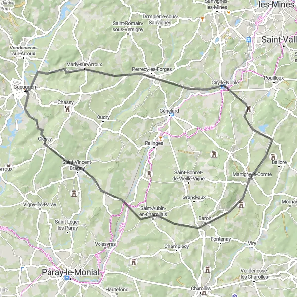 Miniature de la carte de l'inspiration cycliste "Escapade Marlyenne et Arrouxine" dans la Bourgogne, France. Générée par le planificateur d'itinéraire cycliste Tarmacs.app