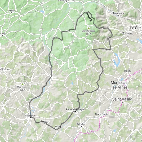 Miniature de la carte de l'inspiration cycliste "Parcours sportif à travers la campagne bourguignonne" dans la Bourgogne, France. Générée par le planificateur d'itinéraire cycliste Tarmacs.app