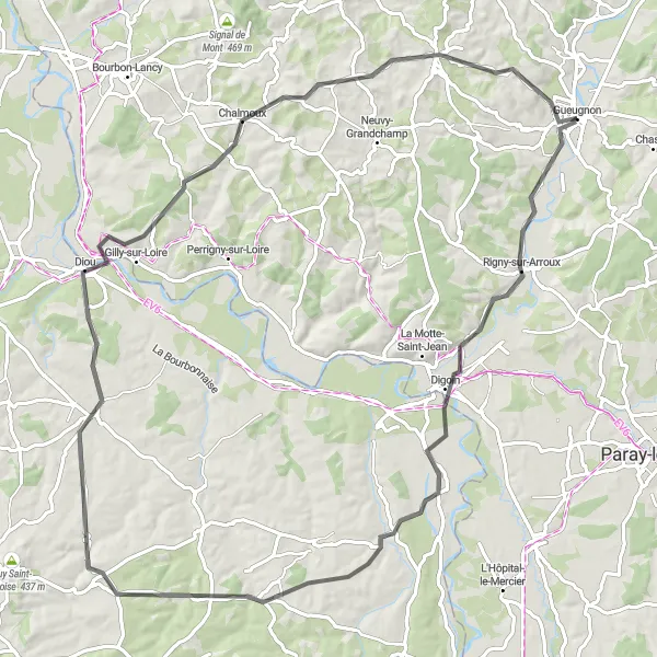 Map miniature of "Charming Villages and Scenic Roads" cycling inspiration in Bourgogne, France. Generated by Tarmacs.app cycling route planner