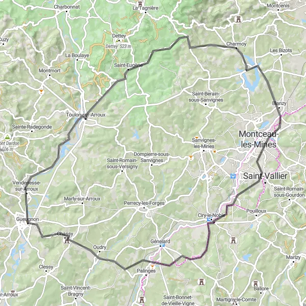 Miniature de la carte de l'inspiration cycliste "Aventures à travers la campagne près de Gueugnon" dans la Bourgogne, France. Générée par le planificateur d'itinéraire cycliste Tarmacs.app