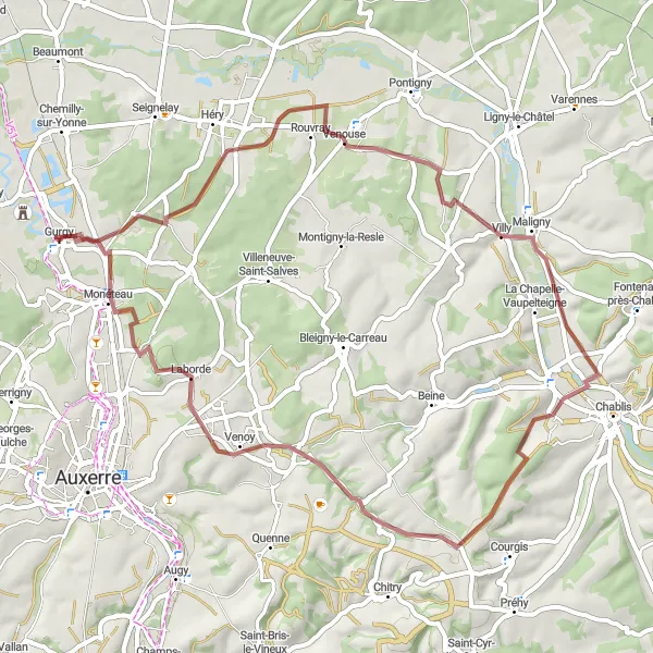 Map miniature of "Venouse and MonÃ©teau Gravel Route" cycling inspiration in Bourgogne, France. Generated by Tarmacs.app cycling route planner