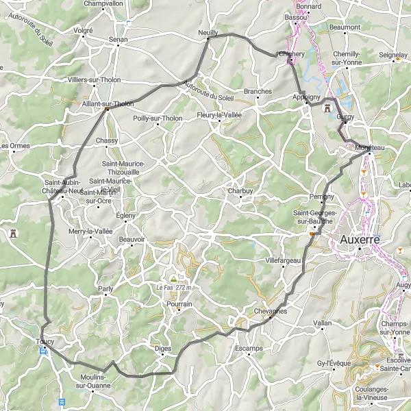 Map miniature of "Discover Gurgy and Beyond - Road Cycling" cycling inspiration in Bourgogne, France. Generated by Tarmacs.app cycling route planner