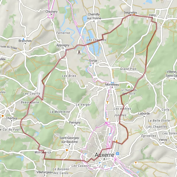 Map miniature of "The Gravel Escapade" cycling inspiration in Bourgogne, France. Generated by Tarmacs.app cycling route planner