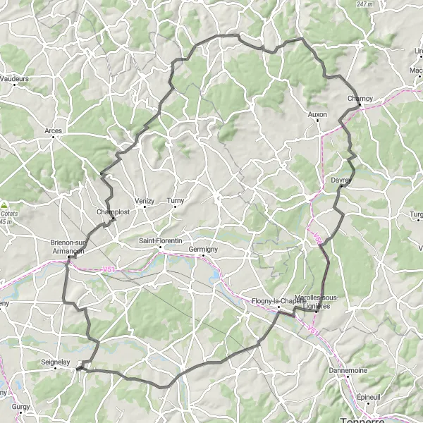 Map miniature of "Challenging Road Adventure near Héry" cycling inspiration in Bourgogne, France. Generated by Tarmacs.app cycling route planner