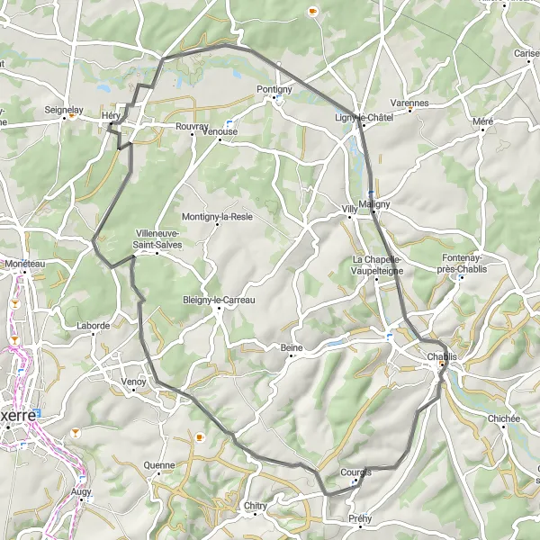 Map miniature of "Scenic Road Route from Héry" cycling inspiration in Bourgogne, France. Generated by Tarmacs.app cycling route planner