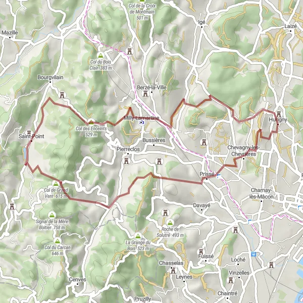 Miniature de la carte de l'inspiration cycliste "La Roche-Vineuse Loop Gravel Ride" dans la Bourgogne, France. Générée par le planificateur d'itinéraire cycliste Tarmacs.app