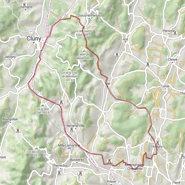 Miniature de la carte de l'inspiration cycliste "Donzy-le-Pertuis Gravel Circuit" dans la Bourgogne, France. Générée par le planificateur d'itinéraire cycliste Tarmacs.app