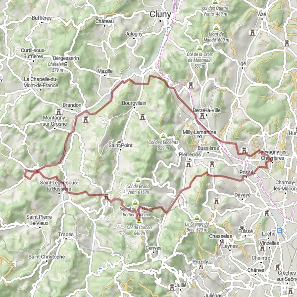 Miniature de la carte de l'inspiration cycliste "Tour des Collines de Cluny" dans la Bourgogne, France. Générée par le planificateur d'itinéraire cycliste Tarmacs.app