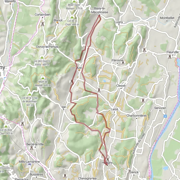 Miniature de la carte de l'inspiration cycliste "Boucle des collines de Bourgogne" dans la Bourgogne, France. Générée par le planificateur d'itinéraire cycliste Tarmacs.app